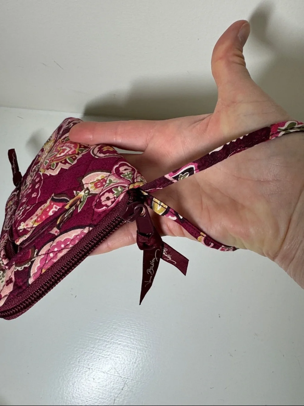 Vera Bradley burgundy and pink paisley fabric wallet with wrist strap. - Picture 8 of 8